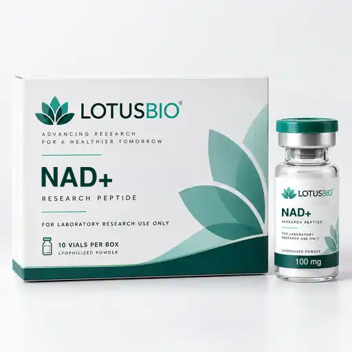 NAD+ research product packaging and vial by LotusBio